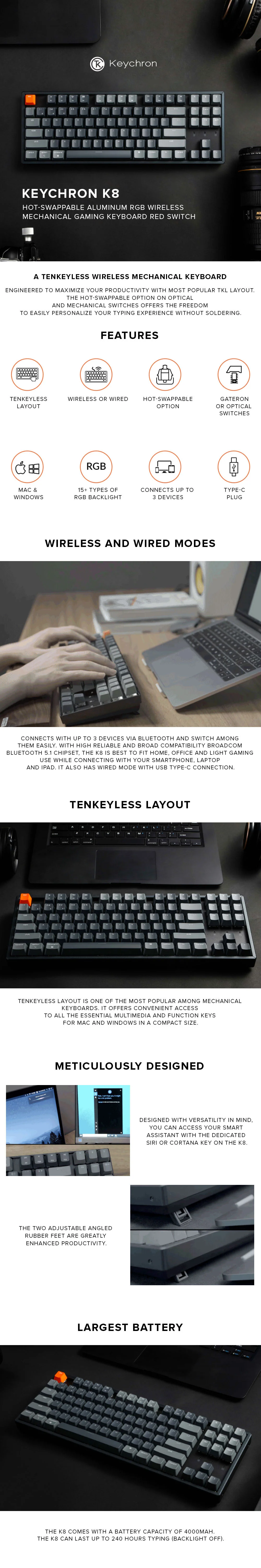 Keychron K8 Hot-swappable RGB Wireless Mechanical Gaming Keyboard Red Switch K8H1 - Image 11