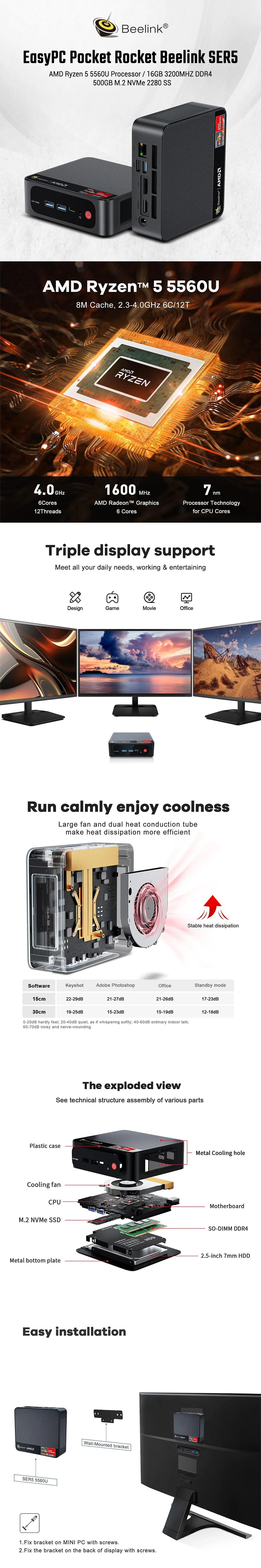Pocket Rocket Beelink SER5 AMD Ryzen 5 5560U Processor / 16GB 3200MHZ DDR4 / 500GB M.2 NVMe 2280 SSD - Image 5