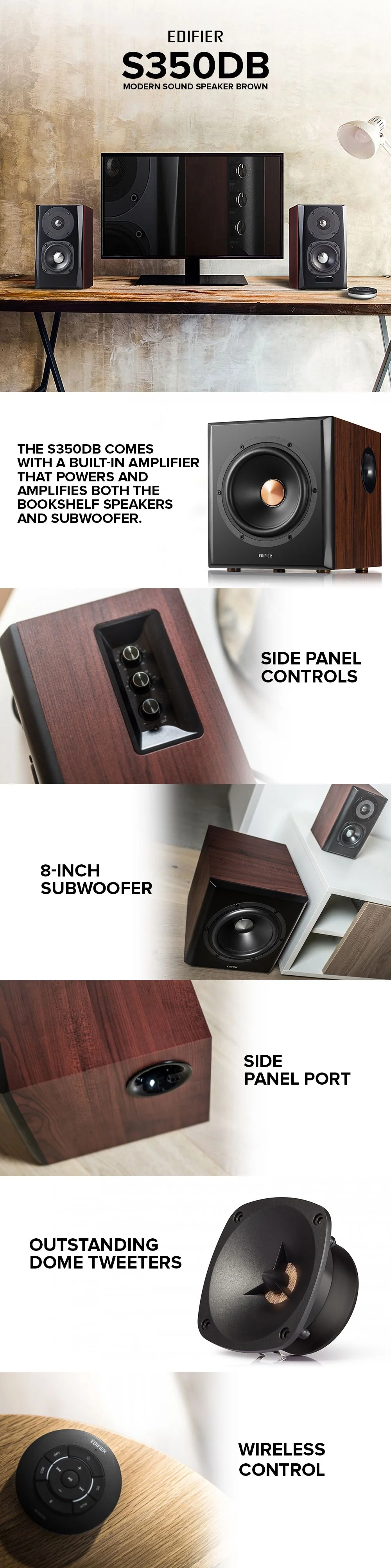 Edifier S350DB Modern Sound Speaker Outstanding Dome Tweeters | 8-Inch Subwoofer input | Wireless control Brown - Image 6