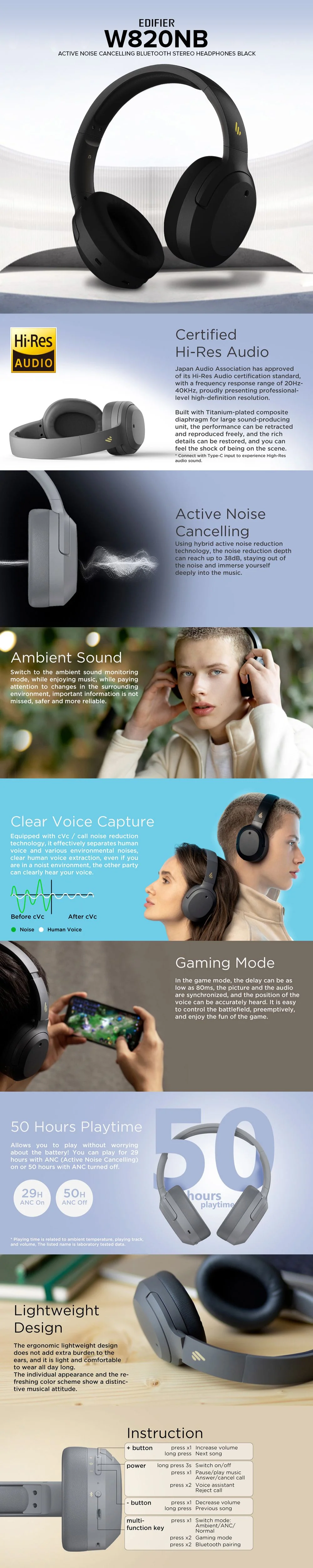 Edifier W820NB Black, Gray and White Built-in microphone Active Noise Cancelling Bluetooth V5.0 Stereo Headphones 19GLO - Image 19