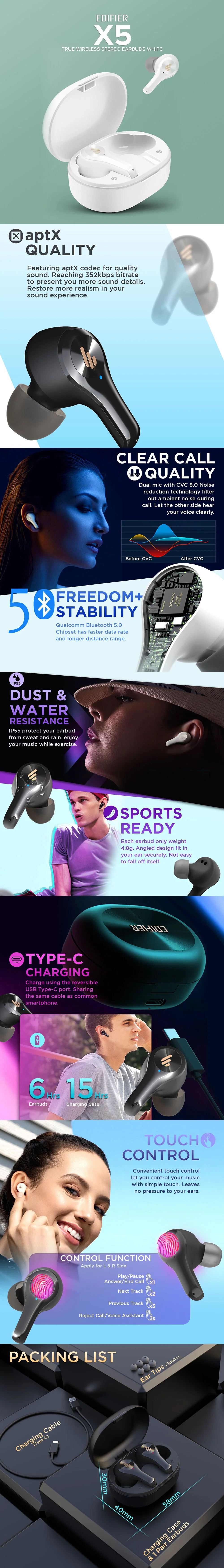 Edifier X5 True IP55 rating dust, water-resistant Ergonomic canal-fit design Wireless Stereo Earbuds Black & White 19GLO - Image 16