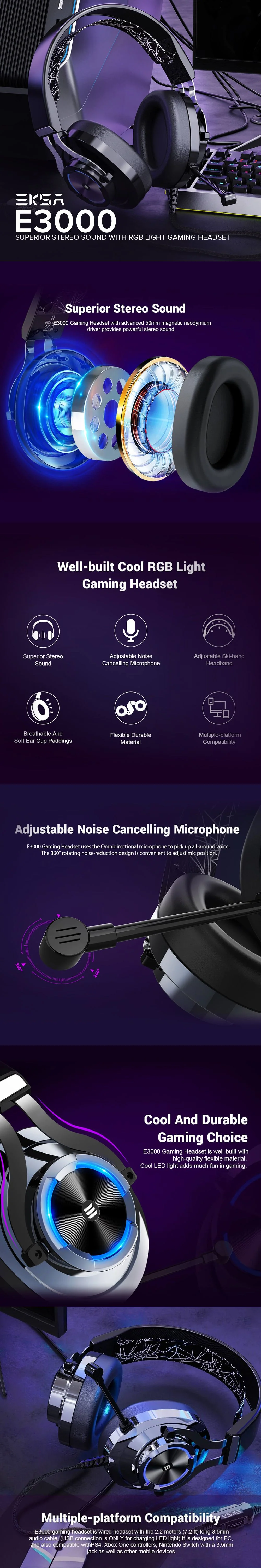 EKSA E3000 RGB light Adjustable Noise Cancelling Microphone, Flexible Durable Material Gaming Headset 18LIG EKOC2616 - Image 3