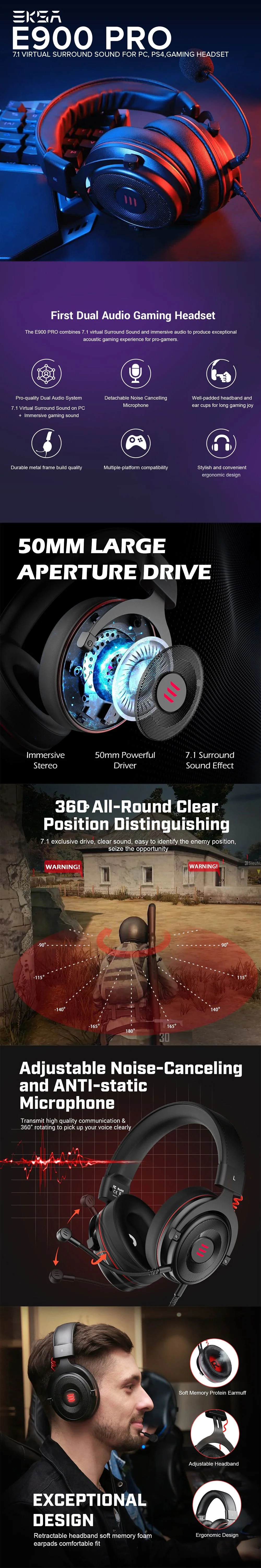 EKSA E900 Pro 7.1 Virtual Surround Sound for PC, PS4, PS5 50mm Driver Noise Cancelling Mic Gaming Headset 18LIG EKOC2618 - Image 3