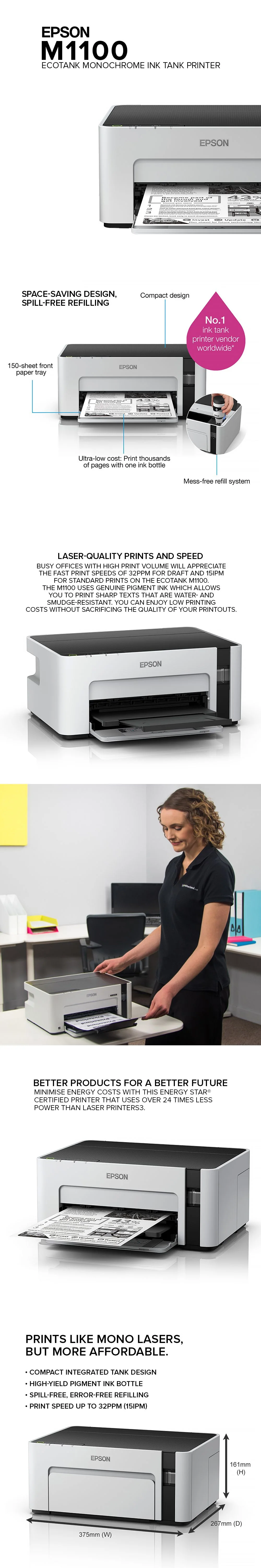 Epson M1100 EcoTank Monochrome Ink, Spill-free, error-free refilling, Space-saving, Laser-Quality Prints and Speed, Compact integrated tank design Tank Printer Better Products for a Better Future - Image 6