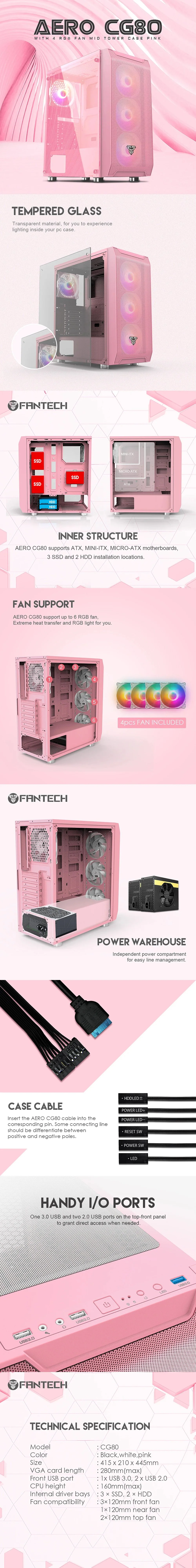 Fantech Aero Tempered Glass Dust Filter CG80 with 4 RGB Fan Mid Tower Case Pink - Image 6