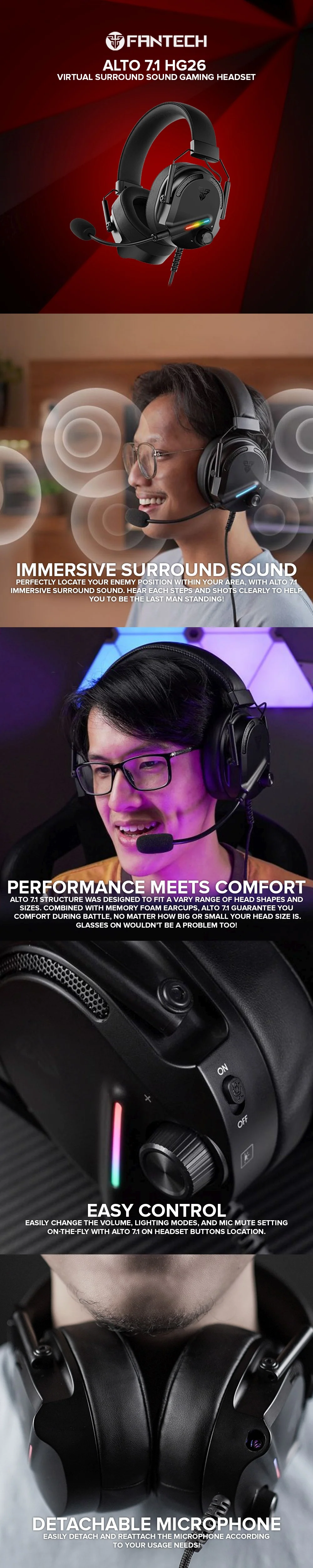 Fantech ALTO 7.1 HG26 Virtual Surround Sound Easy Control Detachable Microphone Gaming Headset - Image 5
