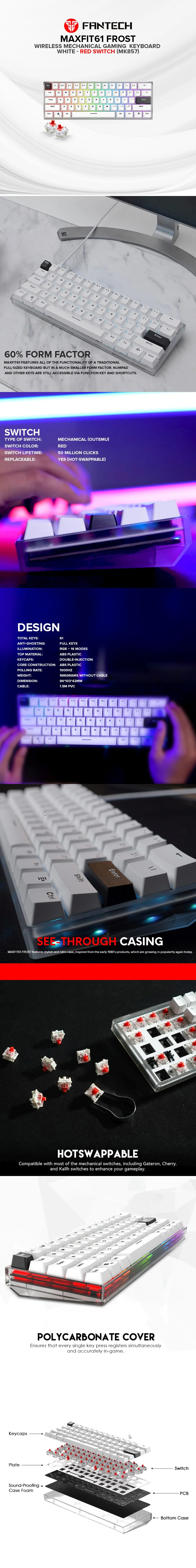 Fantech MAXFIT61 Frost Red and Blue Switches RGB Wireless Mechanical Gaming Keyboard - Image 21