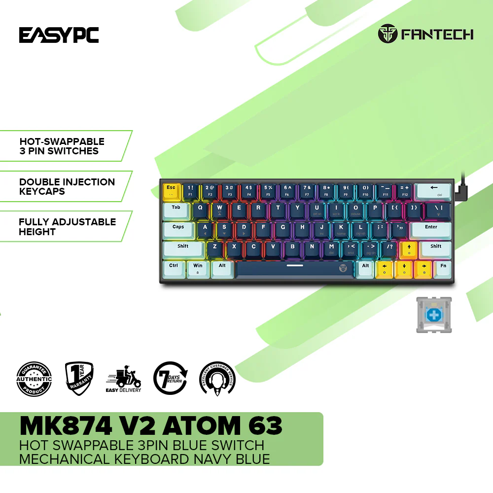 Fantech MK874 V2 Atom 63 Hot swappable 3pin Blue switch Mechanical Keyboard Navy Blue - Image 2