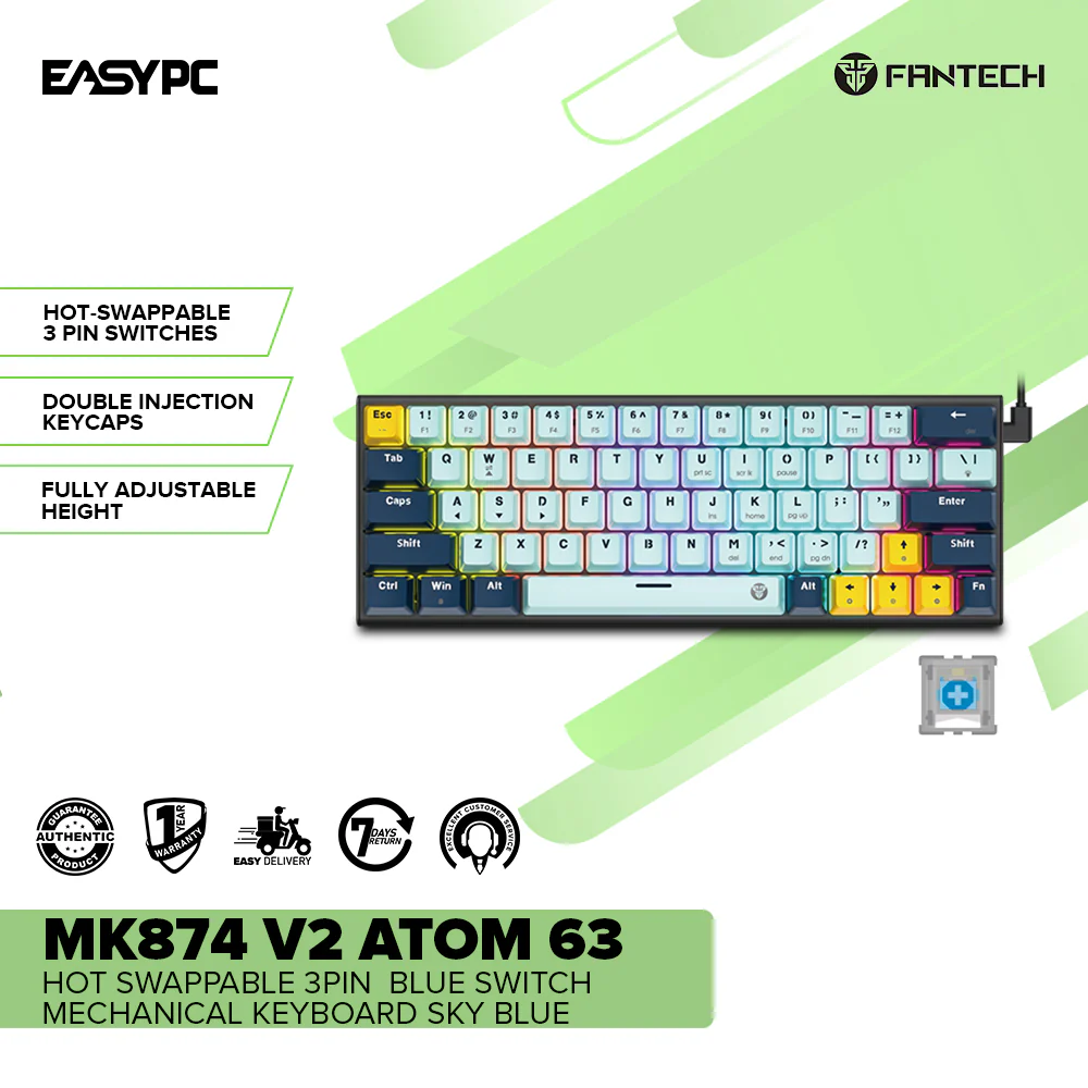 Fantech MK874 V2 Atom 63 Hot swappable 3pin Blue switch Mechanical Keyboard Sky Blue - Image 2