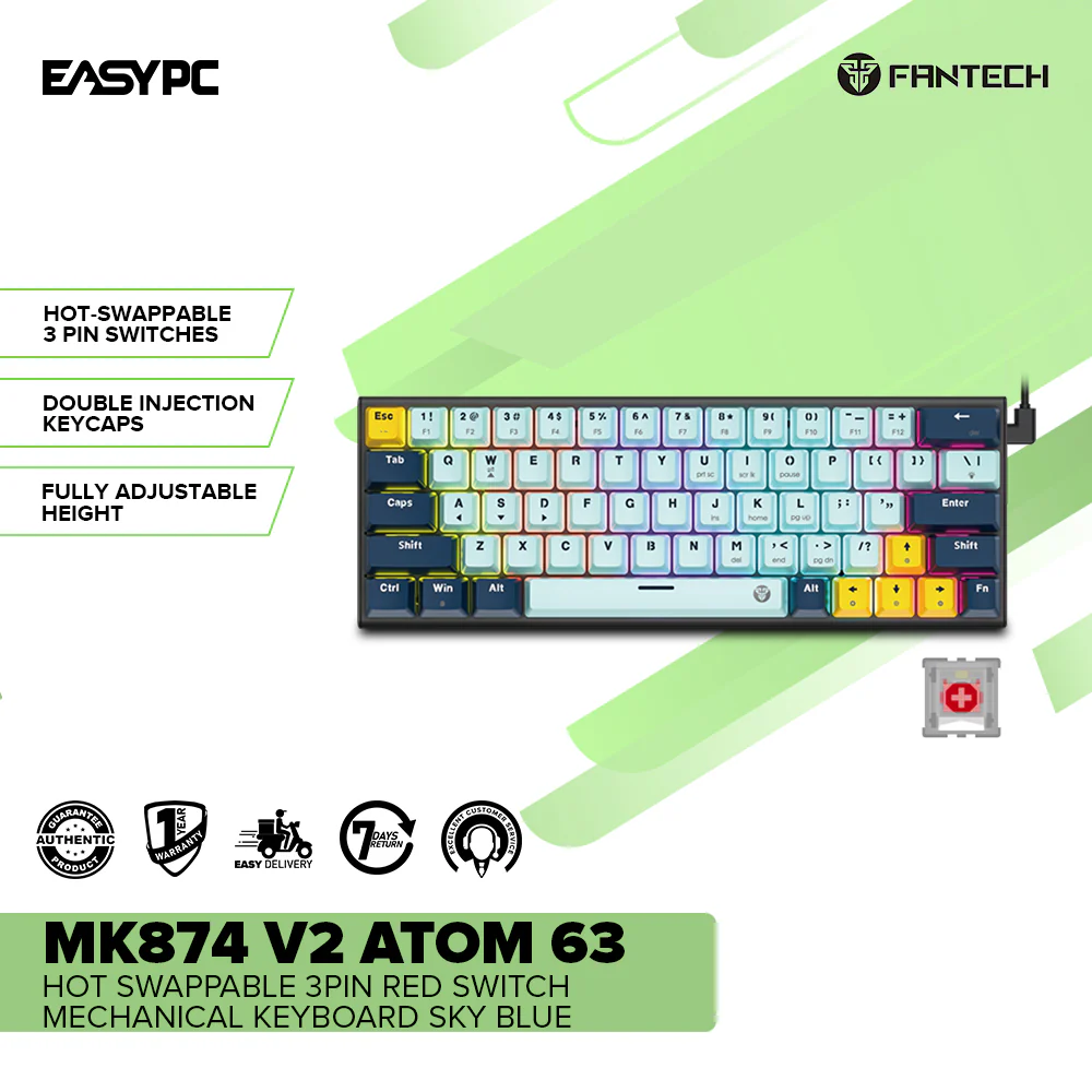 Fantech MK874 V2 Atom 63 Hot swappable 3pin Red switch Mechanical Keyboard Sky Blue - Image 2