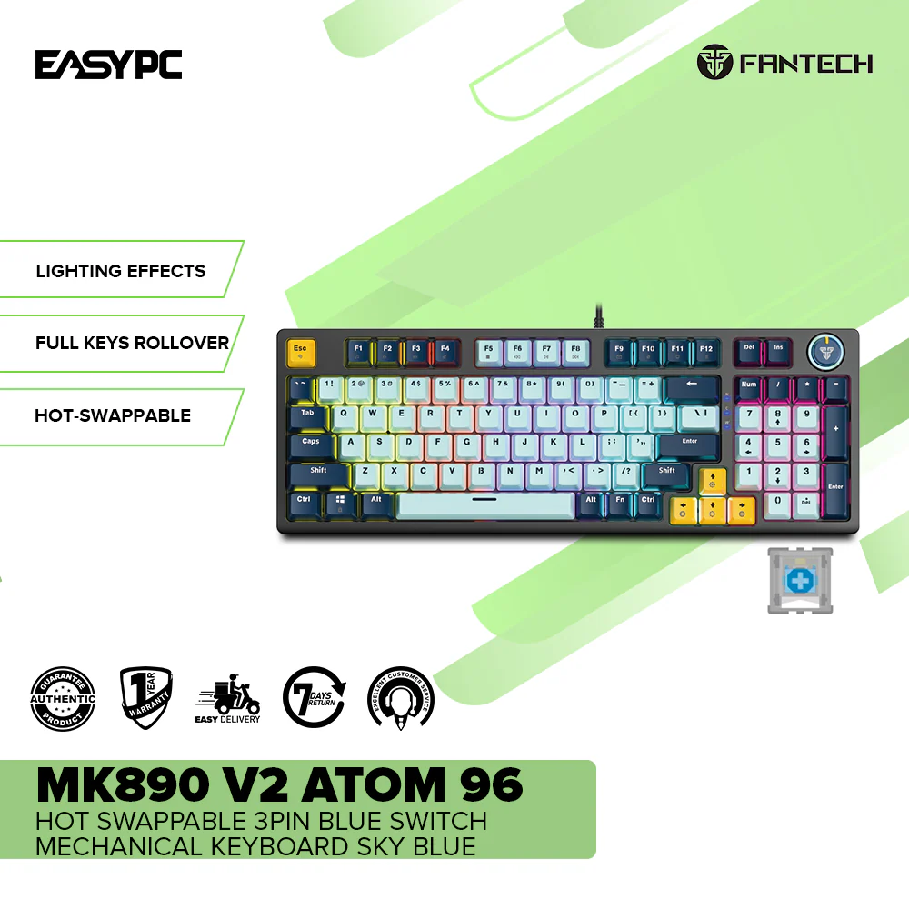Fantech MK890 V2 Atom 96 Hot swappable 3pin Blue switch Mechanical Keyboard Sky Blue - Image 2