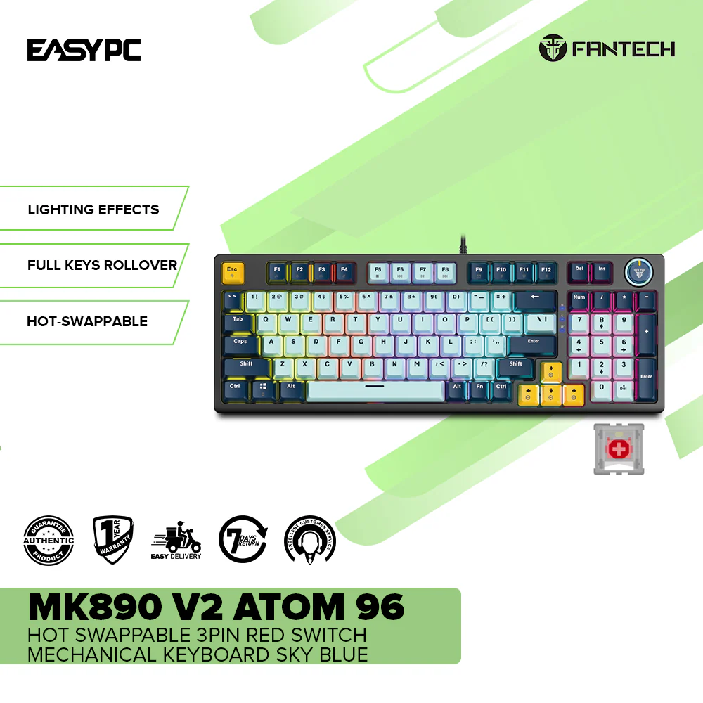 Fantech MK890 V2 Atom 96 Hot swappable 3pin Red switch Mechanical Keyboard Sky Blue - Image 2