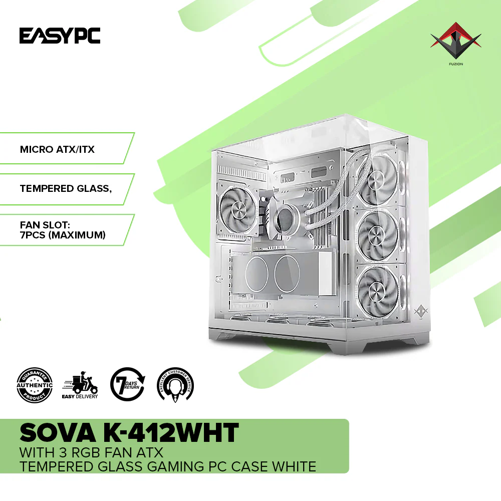 Fuzion SOVA K-412WHT with 3 RGB fan ATX Tempered Glass Gaming PC Case White - Image 2