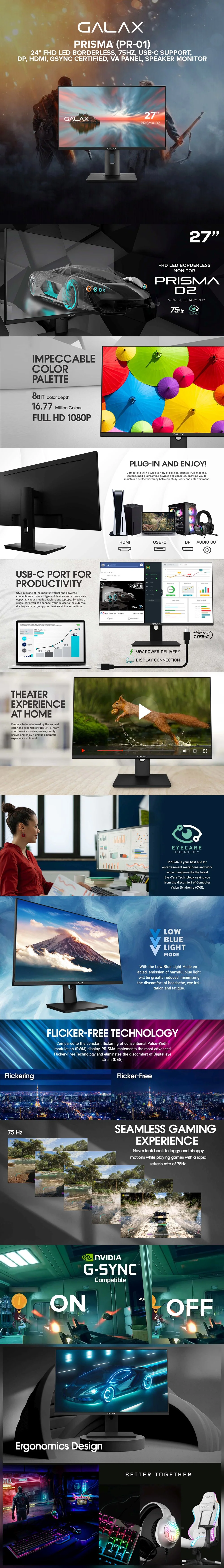GALAX Prisma (PR-01) 24" FHD LED Borderless, 75Hz, USB-C Support, DP, HDMI, Gsync Certified, VA Panel, Speaker Monitor - Image 5
