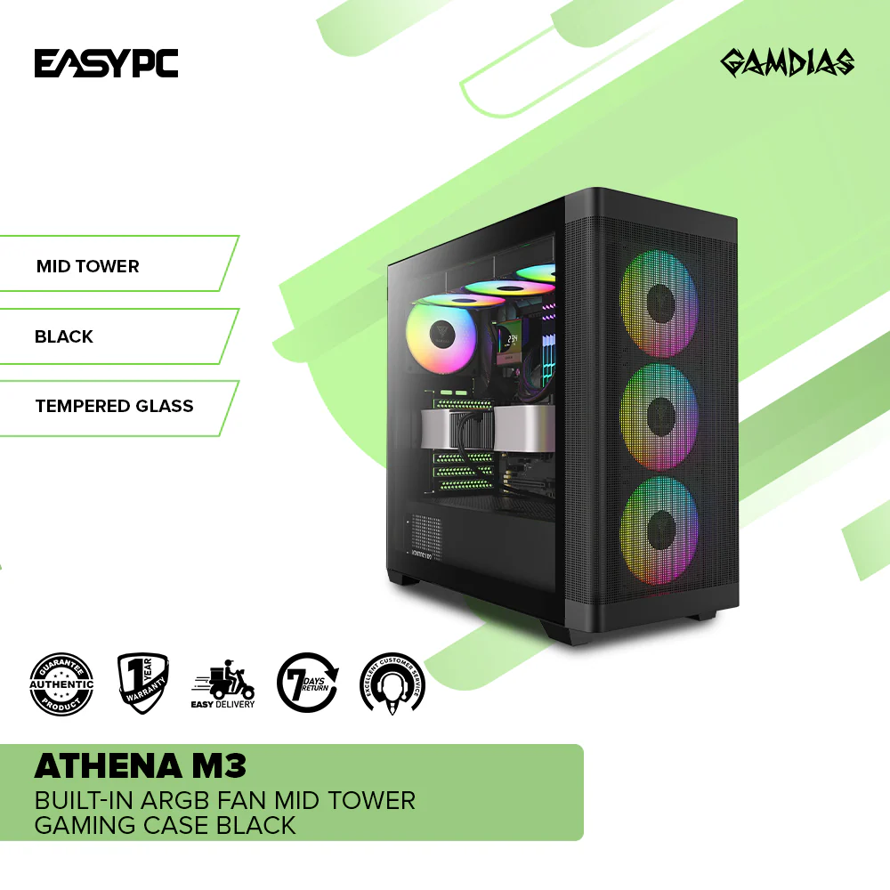 Gamdias Athena M3 Built-in ARGB Fan Mid Tower Gaming Case Black - Image 2