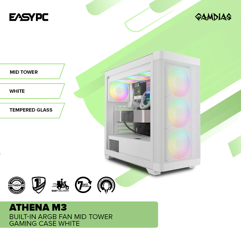 Gamdias Athena M3 Built-in ARGB Fan Mid Tower Gaming Case White - Image 2