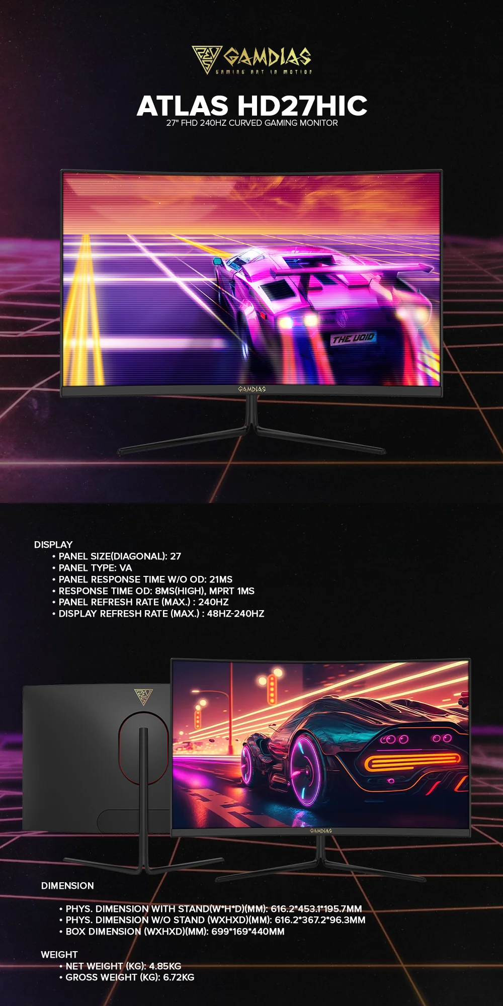 Gamdias Atlas HD27HIC 27" FHD 240HZ Curved Gaming Monitor - Image 5