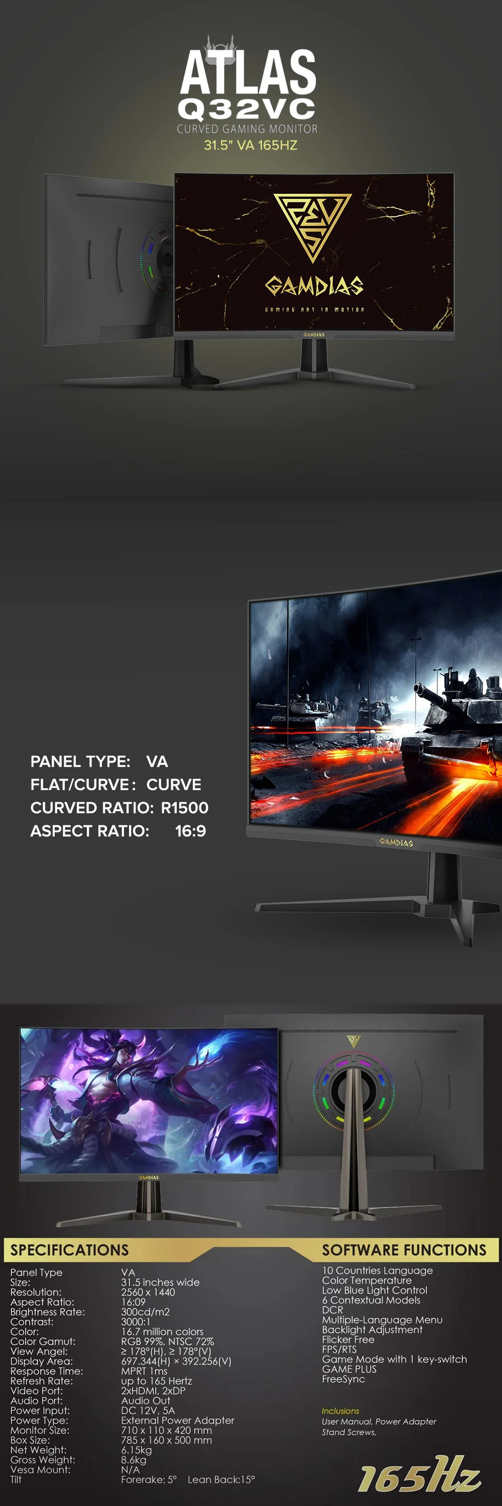 GAMDIAS ATLAS Q32VC 31.5" VA 165Hz Curve Gaming Monitor - Image 5