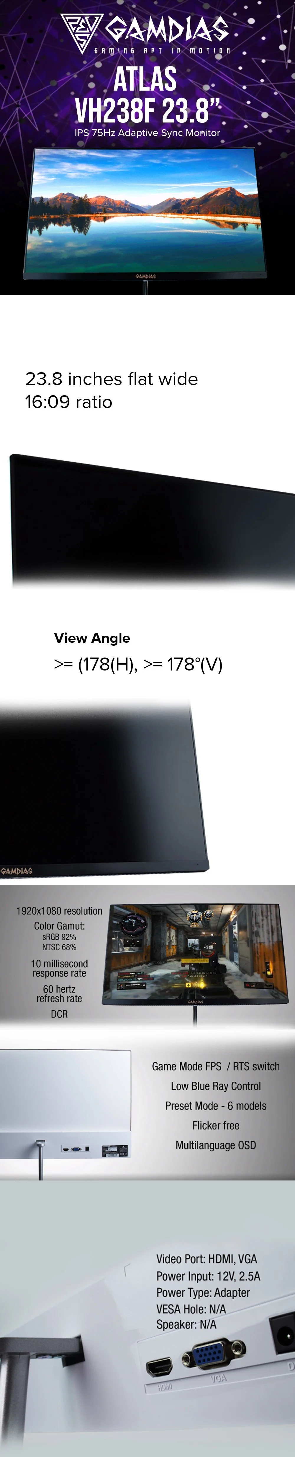 GAMDIAS ATLAS VH238F IPS/ VH238F VA/ VH238FII VA 75hz FLAT VA Monitor - Image 13