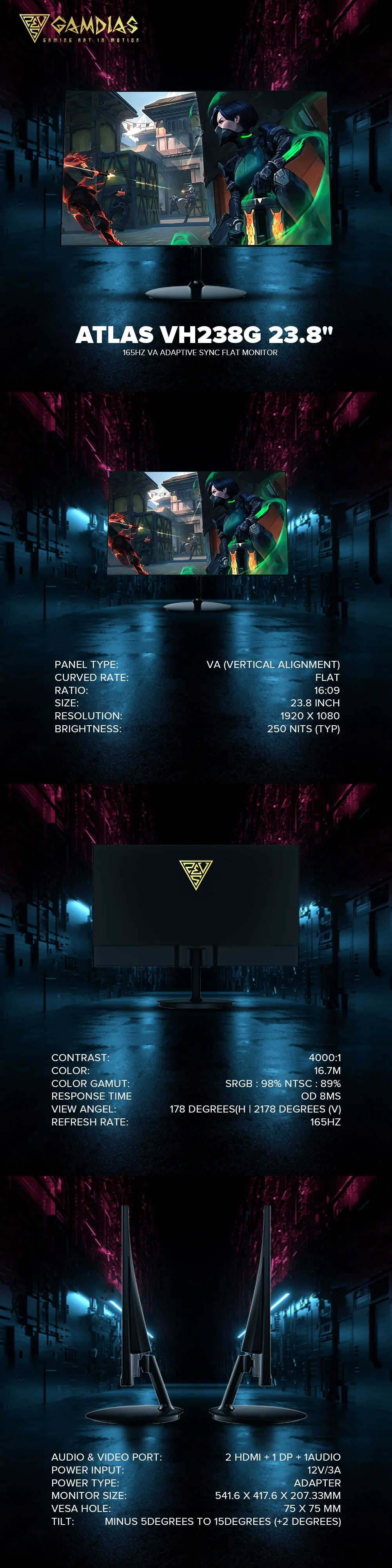 Gamdias Atlas VH238G 23.8" 165Hz VA Adaptive Sync Flat Gaming Monitor - Image 5