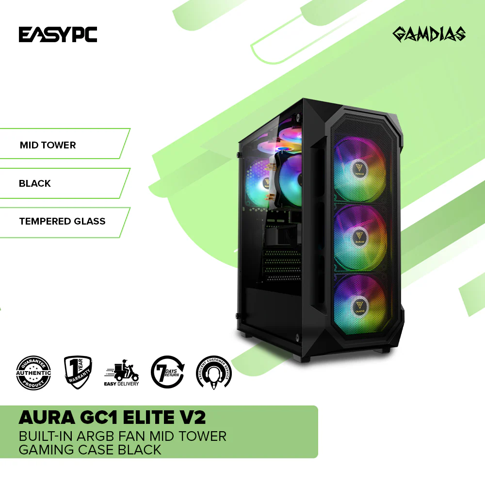 Gamdias Aura GC1 Elite V2 Built-in ARGB Fan Mid Tower Gaming Case Black - Image 2