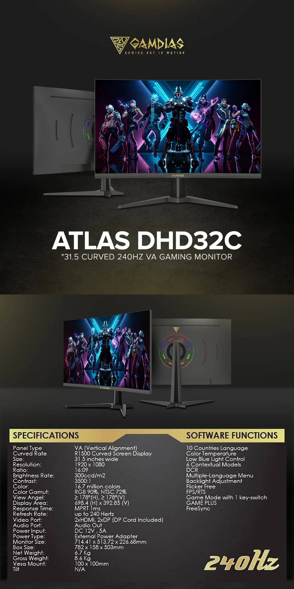 Gamdias Monitor Atlas DHD32C "31.5 Curved 240hz VA Gaming Monitor - Image 5