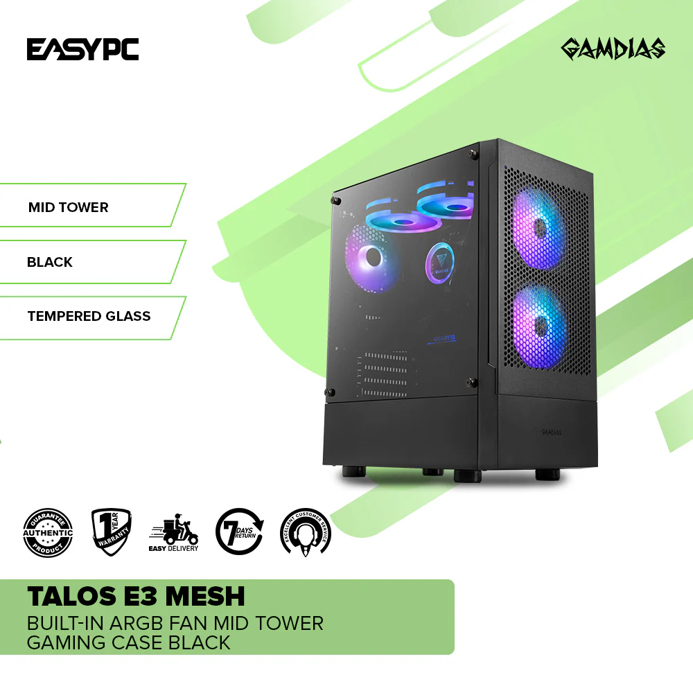 Gamdias Talos E3 Mesh Built-in ARGB Fan Mid Tower Gaming Case Black - Image 2