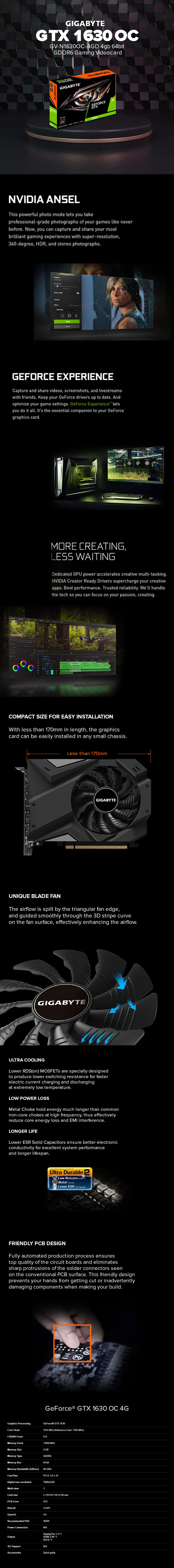 Gigabyte NVIDIA® GeForce GTX 1630 OC GV-N1630OC-4GD Integrated 4GB GDDR6 64bit memory interface 80mm unique blade fan Gaming Videocard - Image 5