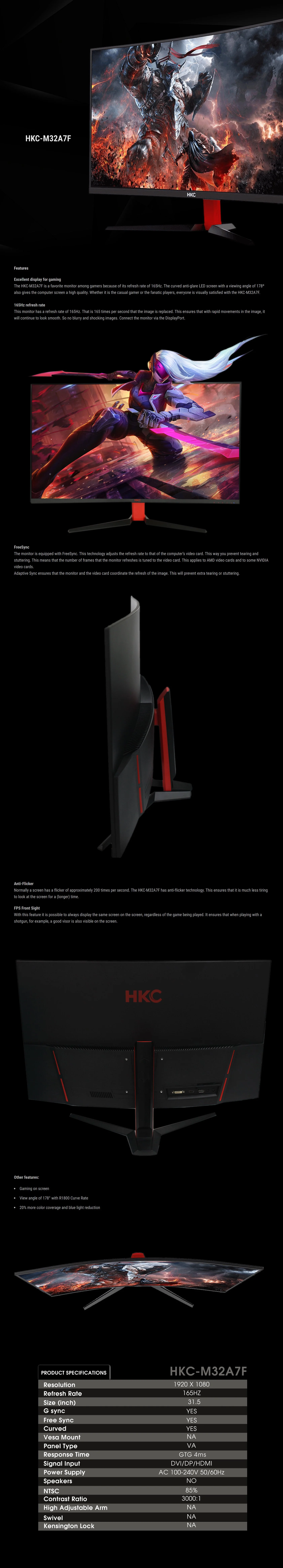 HKC M32A7F 165Hz FreeSync 32" Curved Gaming Monitor - Image 5