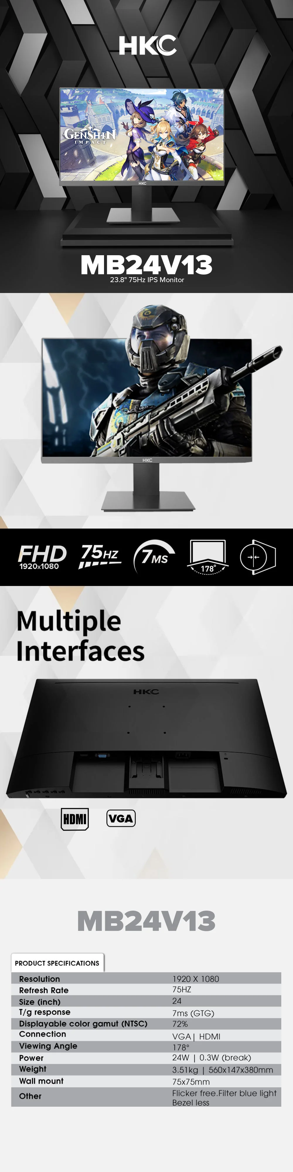 HKC MB24V13 23.8" 75Hz IPS Monitor - Image 5