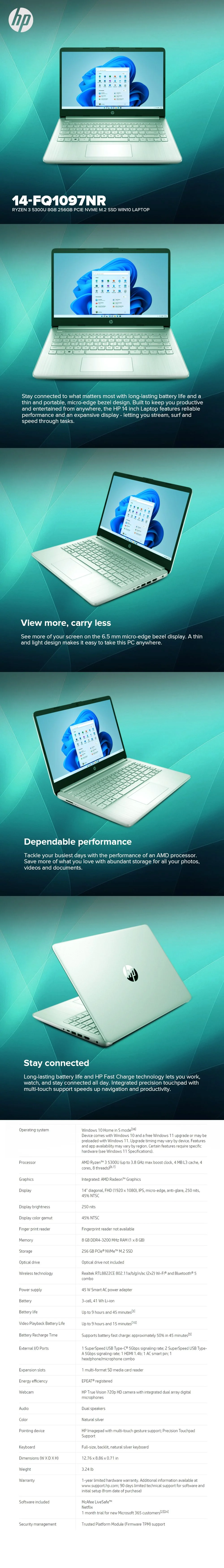 HP 14-fq1097nr Ryzen 3 5300U 14Ó 8GB 256GB PCIe NVMe M.2 SSD, AMD Radeon Graphics Win10 Laptop PS - Image 5