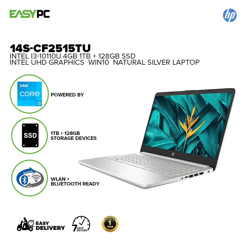 HP 14S-CF2515TU Intel i3-10110U/4GB/1TB + 128GB SSD/Intel UHD Graphics /Win10 Laptop Natural Silver - Image 2