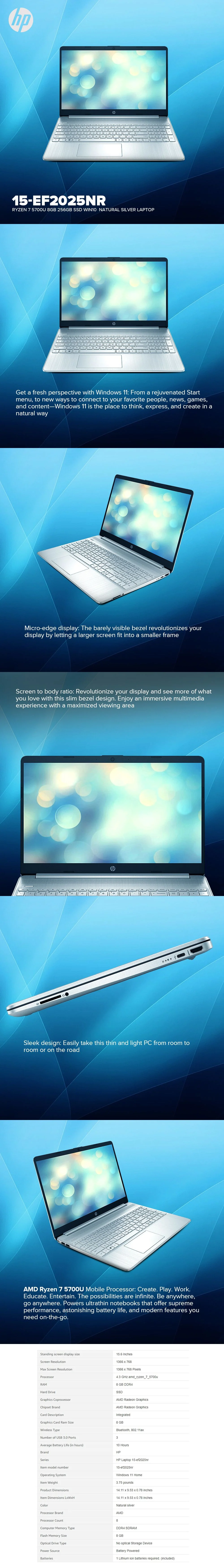 HP 15-ef2025nr Ryzen 7 5700U 15.6Ó 8GB DDR4 256GB SSD,AMD Radeon Windows 10 Laptop Natural Silver PS - Image 5