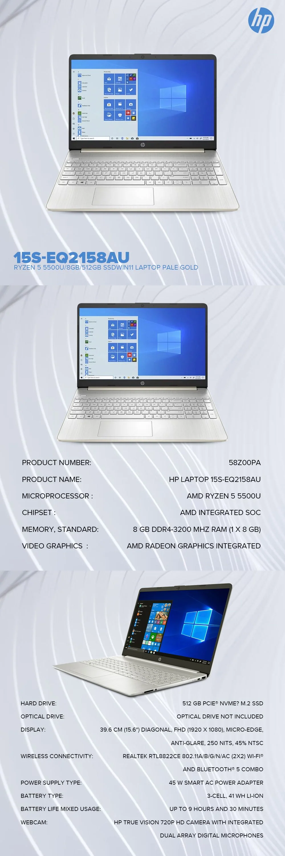 HP 15S-EQ2158AU 15.6inch FHD Ryzen 5 5500U 8GB DDR4 512GB SSD Win11 Laptop Pale Gold - Image 4
