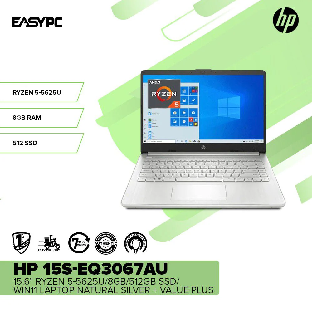 HP 15S-EQ3067AU 15.6 Ryzen 5-5625U/8GB/512GB SSD/Win11 Laptop Natural Silver + Value Plus - Image 2