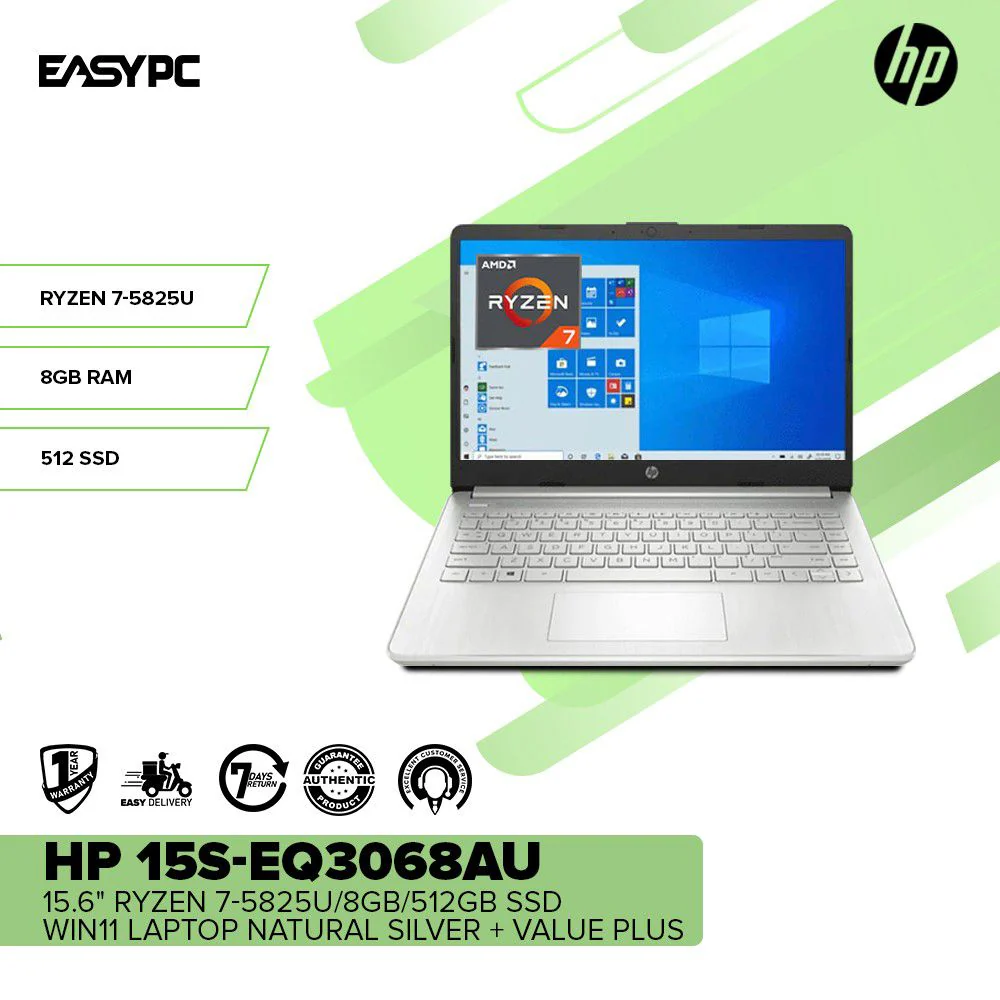 HP 15S-EQ3068AU 15.6 Ryzen 7-5825U/8GB/512GB SSD/Win11 Laptop Natural Silver + Value Plus - Image 2