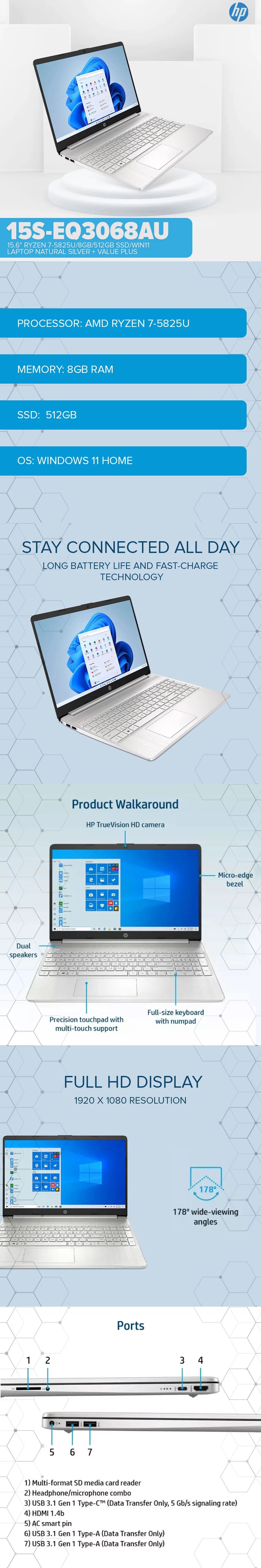 HP 15S-EQ3068AU 15.6 Ryzen 7-5825U/8GB/512GB SSD/Win11 Laptop Natural Silver + Value Plus - Image 7