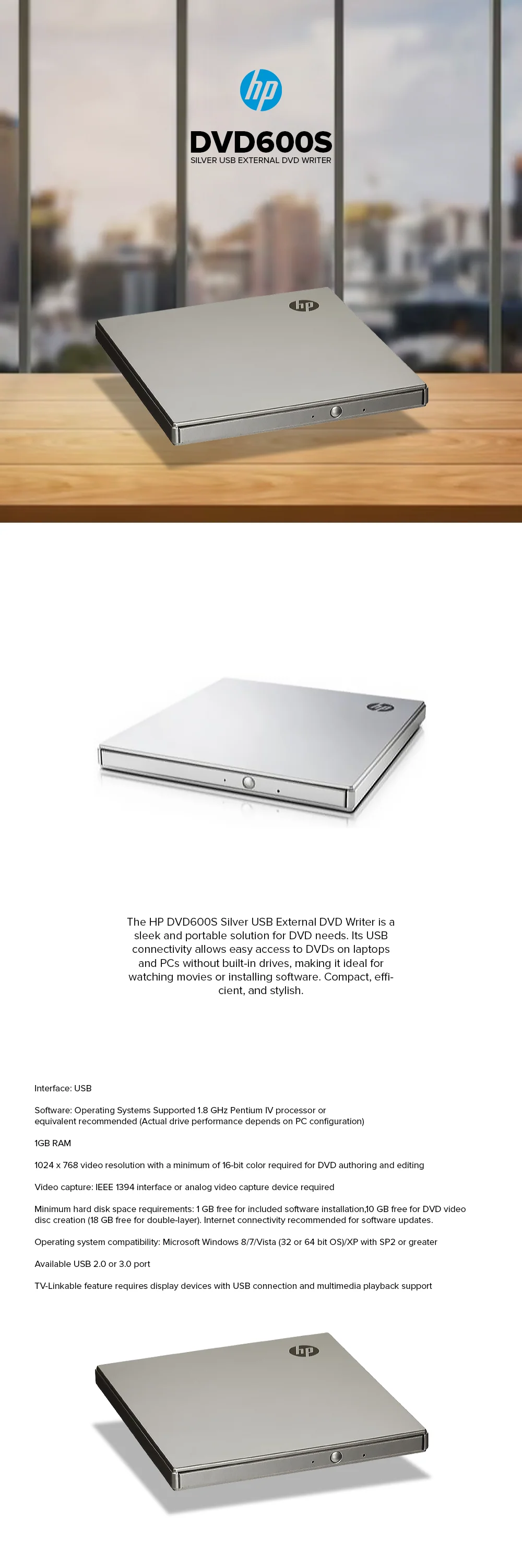 HP DVD600S Silver USB External DVD Writer - Image 5