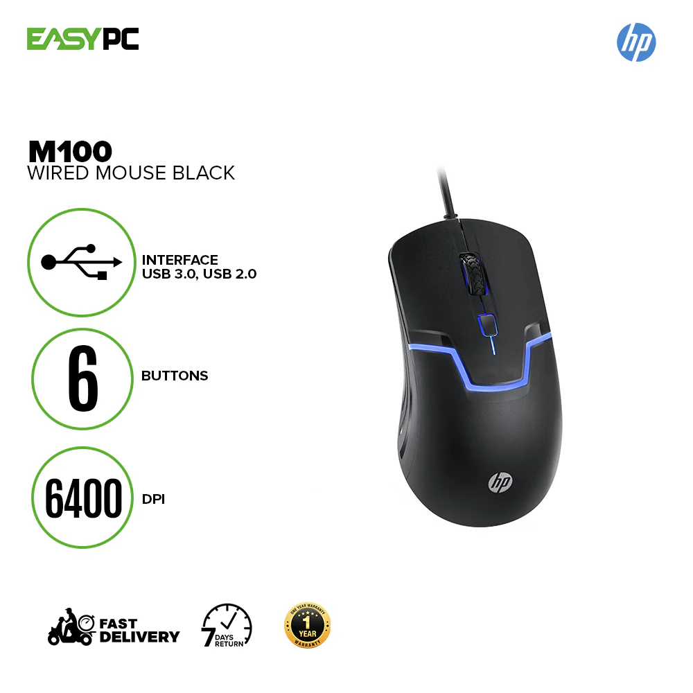 HP M100 1600 DPI, 3 Buttons, Plug and Play Wired Gaming Optical Mouse Black - Image 2
