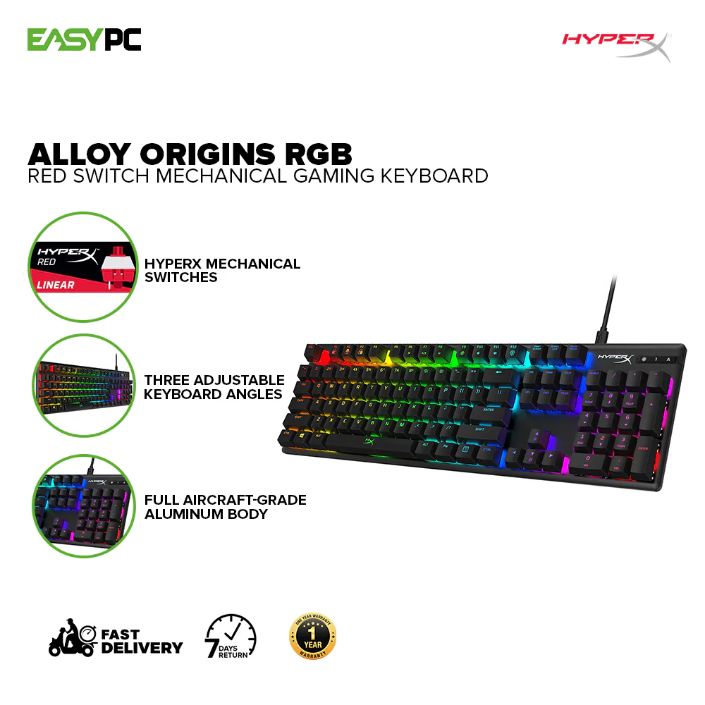 HyperX Alloy Origins Compact, portable design with detachable USB Type-C cable, Dazzling RGB lighting with dynamic effects, Three adjustable keyboard angles, Blue/Red/Aqua RGB Mechanical Gaming Keyboard Switch 1ION - Image 7