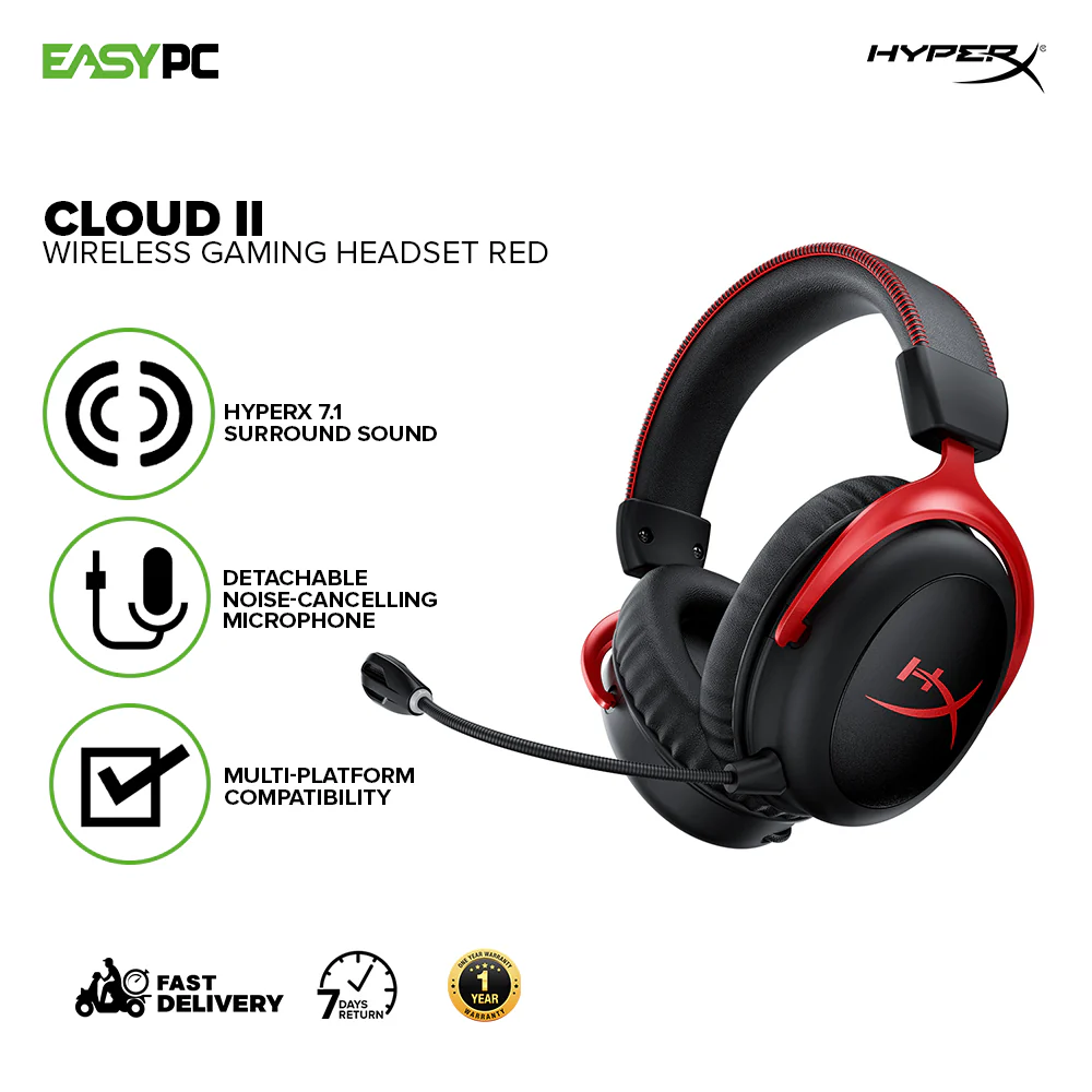 HyperX Cloud II Wireless, HyperX 7.1 Surround Sound, Detachable Noise-cancelling Microphone, 53mm Drivers, Built-in mic monitoring Durable, reliable, Great for WFH and Online Education Gaming Headset Red (HHSC2X-BA-RD/G) 1ION KIHH2321 - Image 2