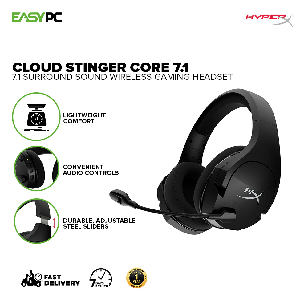 HyperX Cloud Stinger Core with 7.1 Surround Sound for PC, Immersive in-game audio, Durable, adjustable steel sliders, Swivel-to-mute noise-cancelling mic Wireless Gaming Headset (HHSS1C-BA-BK/G) 1ION KIHH2278 - Image 2