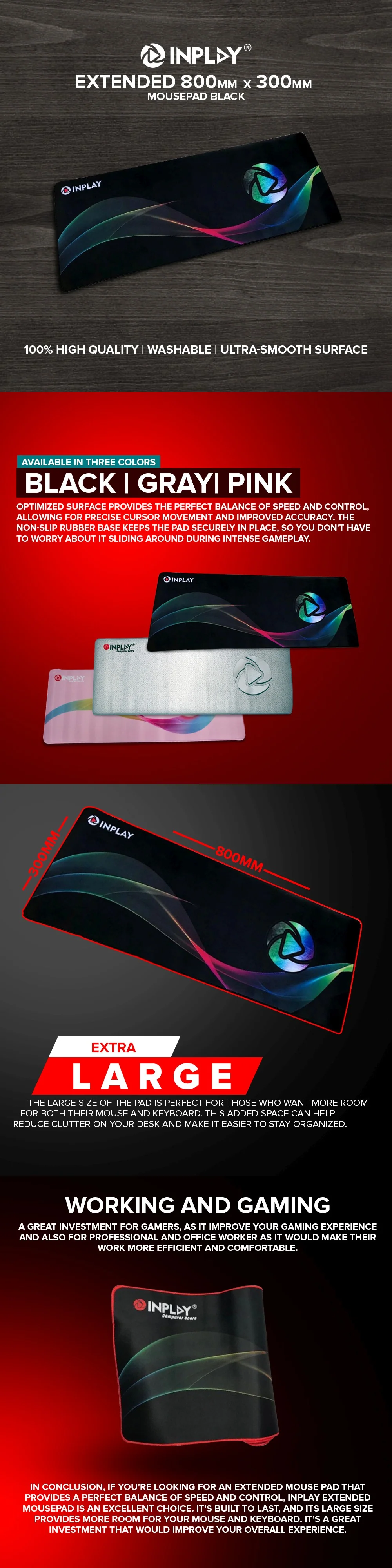 Inplay Extended 800mmx300mm Black, Gray, Pink Water Resistant Extended Size Mousepad - Image 13