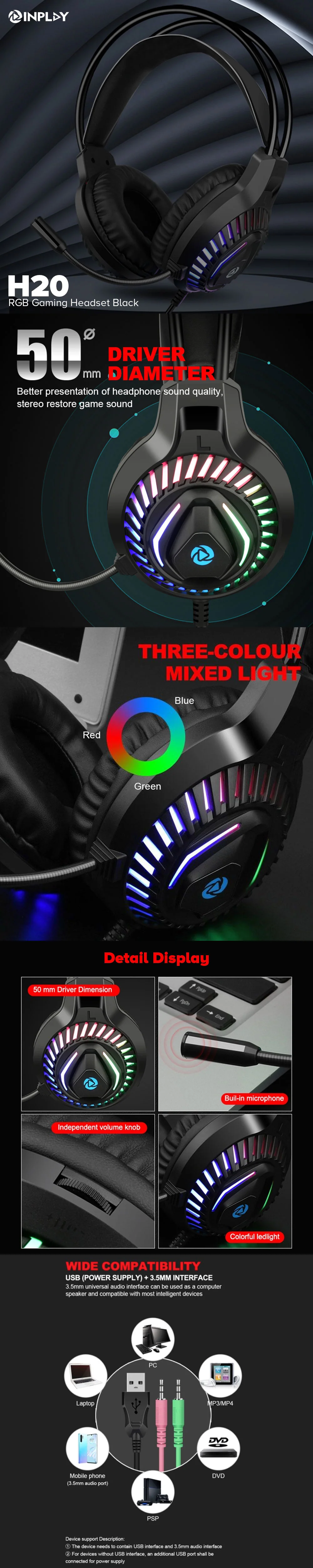 Inplay H20 RGB Gaming Headset Black - Image 5