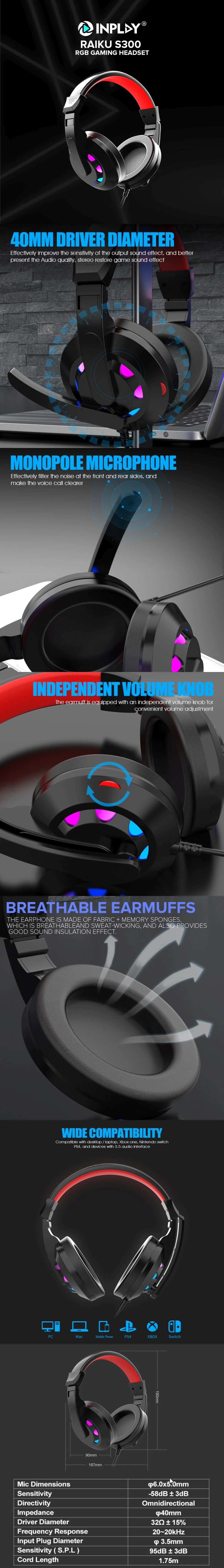 Inplay Raiku S300 RGB Noise Canceling Headset with Mic RGB Headset for PC and Laptop Gaming Headset - Image 5
