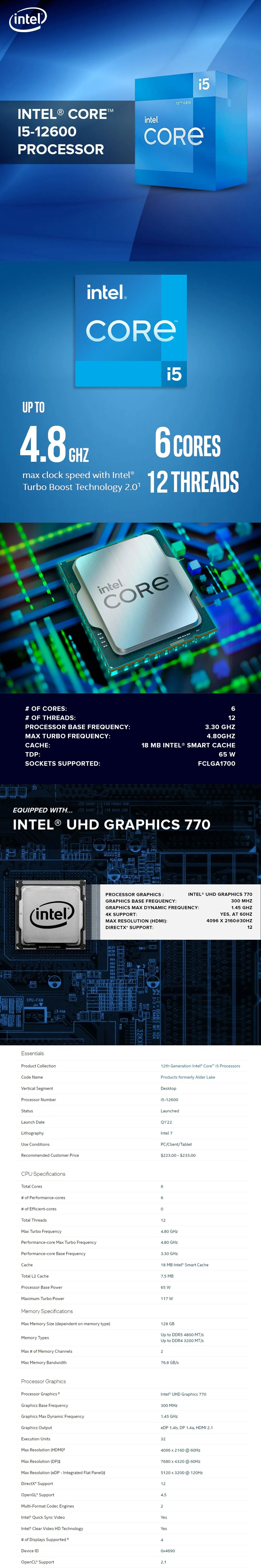 Intel Core I5-12600 Alder Lake 3.30GHz Intel UHD Graphics 770 4.80 GHz Socket 1700 Processor - Image 4