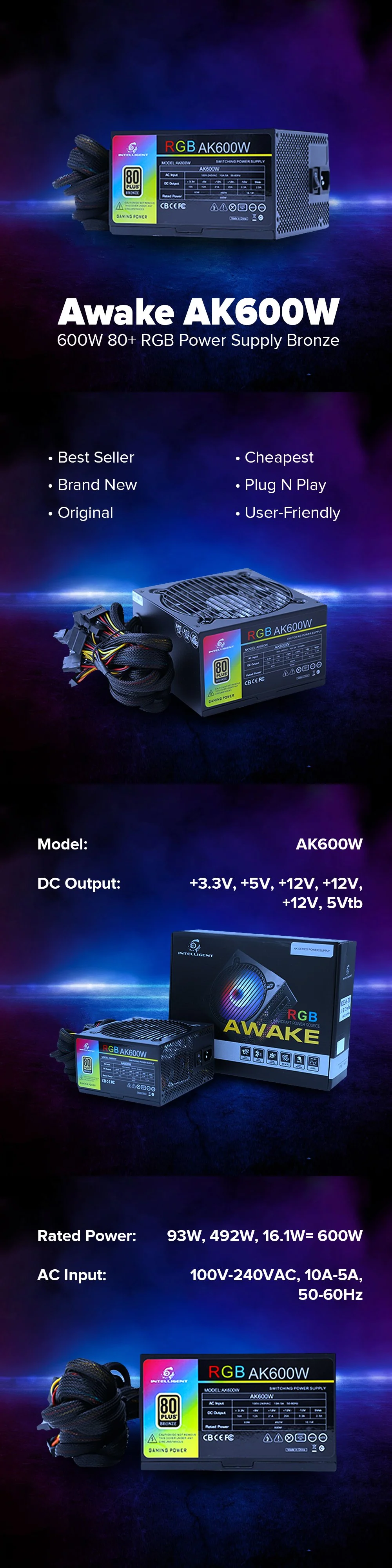 Intelligent Awake AK600W 600W 80+ RGB Power Supply Bronze - Image 6