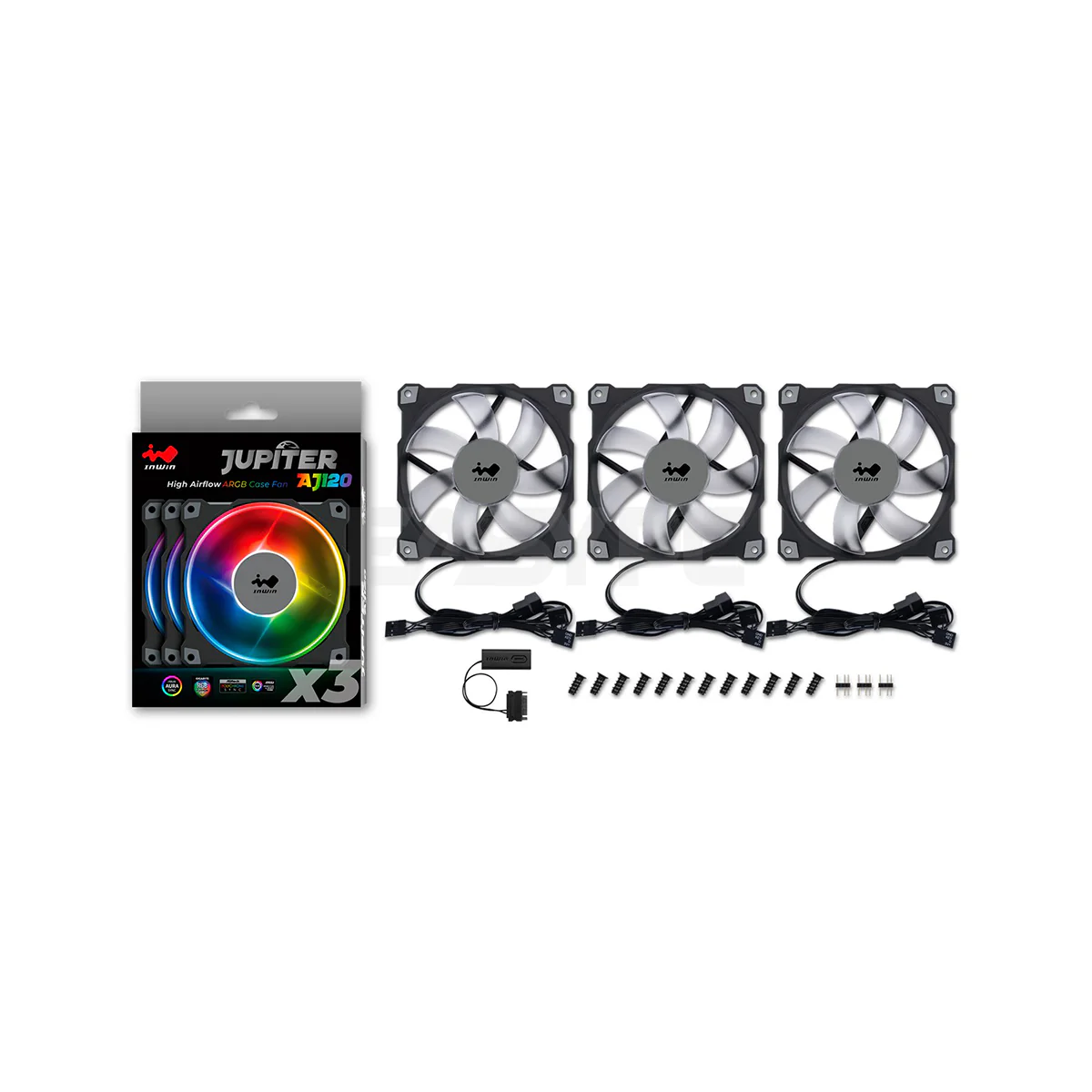 InWin  Chassis Fan JUPITER AJ120 3 in 1    designed for RGB enthusiasts for their case fans, seven blades, sleeve bearings with a long lifespan, ARGB LEDs with 16.8 million color options and a ARGB one-click Controller.  ARGB  Chassis Fan - Image 2