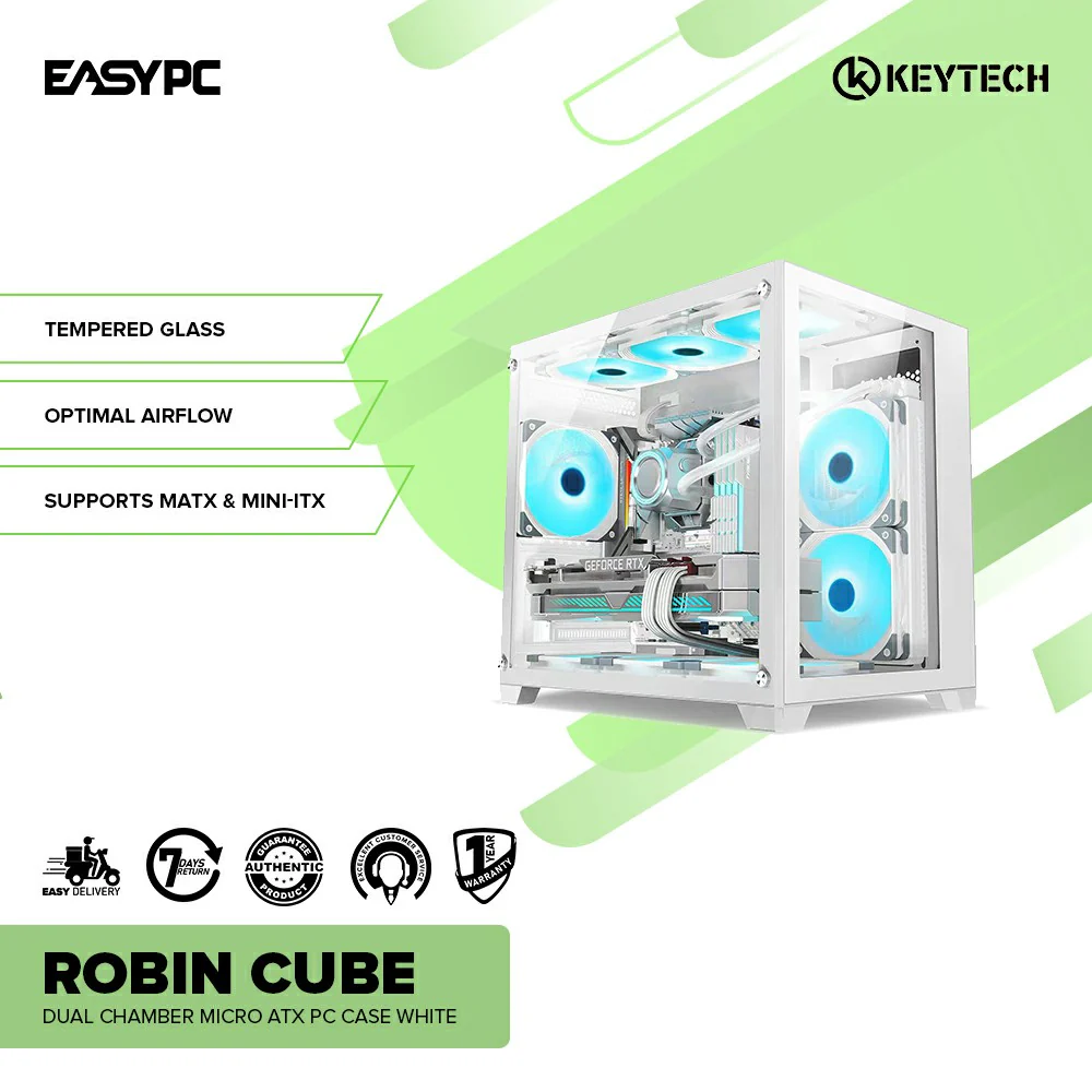 Keytech Robin Cube Dual Chamber Micro ATX PC Case White - Image 2