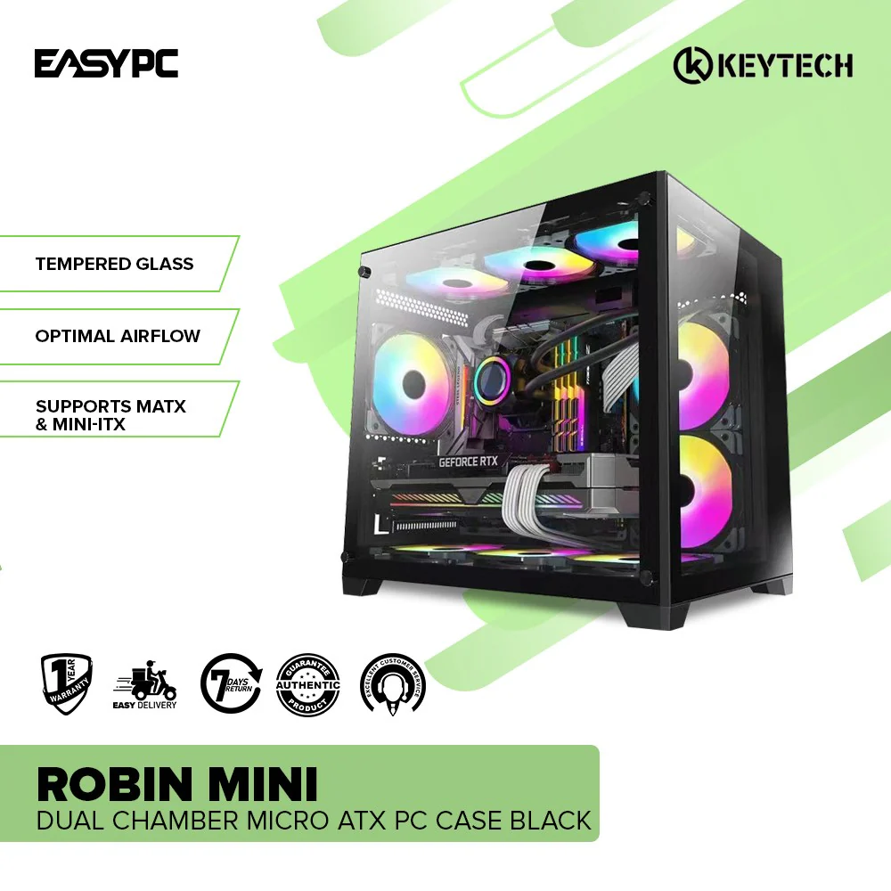 Keytech Robin Mini Dual Chamber Tempered Glass Optimal Airflow Micro ATX Black and White PC Case - Image 2